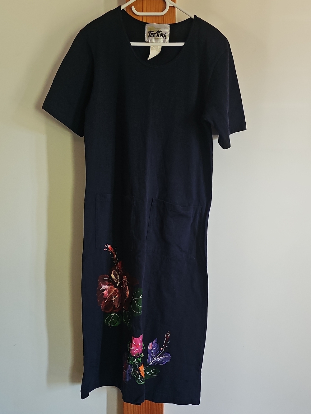Vintage Navy Cotton Hand Painted Floral Dress
